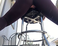 Humping barstool outdoor in ripped leggings relating to full bladder squirting pee till such time as orgasm
