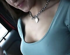 Naughty Brunette grab dick together with blowjob on car