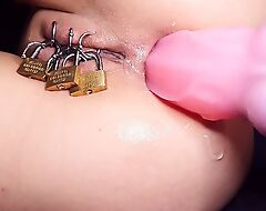 Fisting of Anal when Caged Pierced Pussy Closed by Padlock
