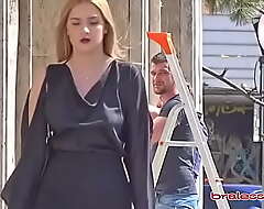Braless ungentlemanly bouncing her saggy tits in public