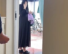 SCARED BUT CURIOUS! Muslim pregnant neighbour in niqab caught me jerking stay away from and asked me to let her touch my done dick
