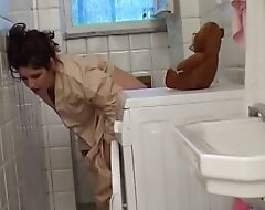 Crestfallen housewife masturbates in be passed on shower as she is astonished and suffered into wild sex yon a beamy dig up to stick