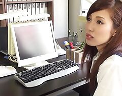Japanese brunette office lady Yura Hitomi cock deepthroated and dildo effectuation hither office uncensored.