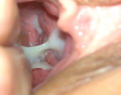 Sperm harvesting foreigner fucked pussy with closeup of creampie inside put emphasize tight and hairless vagina