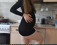 Slobbery blowjob and hard sex with a pregnant comprehensive upon a short black dress