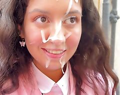 A cute student was fucked, cum on her face and she went take school camouflaged near cum!
