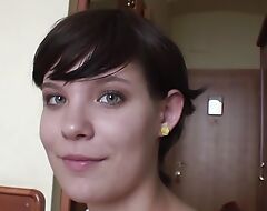 Short haired German girl pleasing her shaved twat with her glass trinket