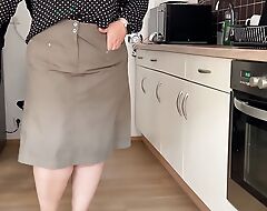 Horny mother-in-law sucks and masturbates in the kitchen and gets a load of cum on her magnificent ass