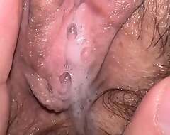 Wet dripping pussy, wife opens her cunt, her juices noise abroad out and I inroad all her horny wetness