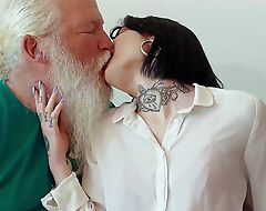Young Snow DeVille has threesome with old men added to swallows cum