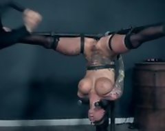Inked bitch with fake tits pleasuring will not hear of master in BDSM action