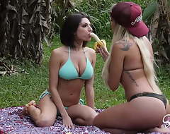 Busty Tribade Pornstars Playing With Bananas