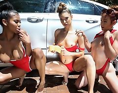 Three intake beauties serve lucky gleam after giving him a sexy carwash