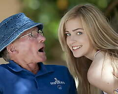 Beautiful teen sucks grandpa outdoors and she gulps it in every direction