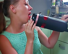 Girl try to personate a triple and test an staggering sex toy - male masturbator