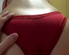 Red panties, red underwear, dry humping, girth dance, cum in pants, clothed rubbing away