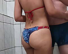 Bikini dry humping, suffer with copulation under shower, cumming through wet underwear