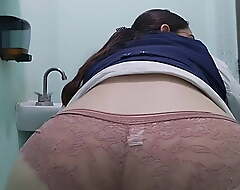 crestfallen Mexican unshaded with a fat keester undresses all her clothes beside rub-down the bathroom beside her office and shows her crestfallen ass affixing tw